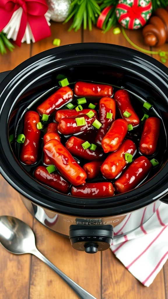 Crock pot filled with barbecue little smokies garnished with green onions on a rustic table.